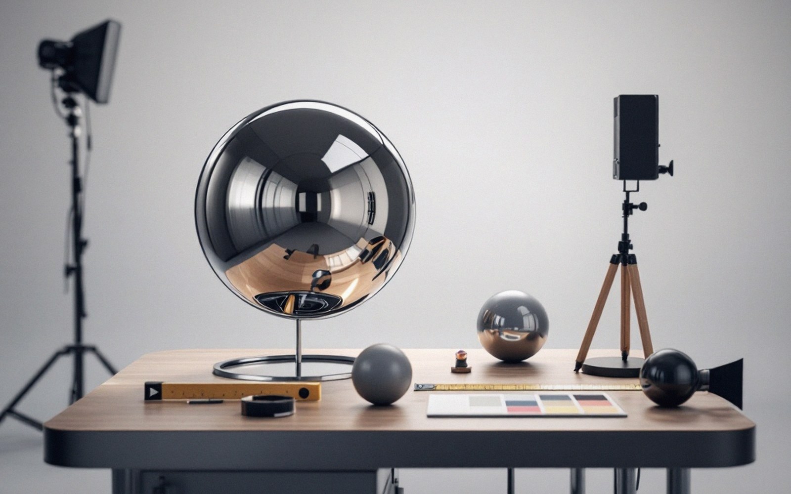 A chrome sphere filling the frame, the stage legible in the reflection