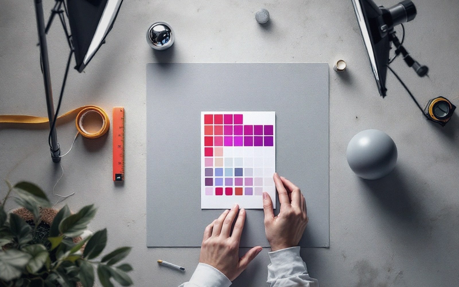 A colour checker chart propped on a grey surface