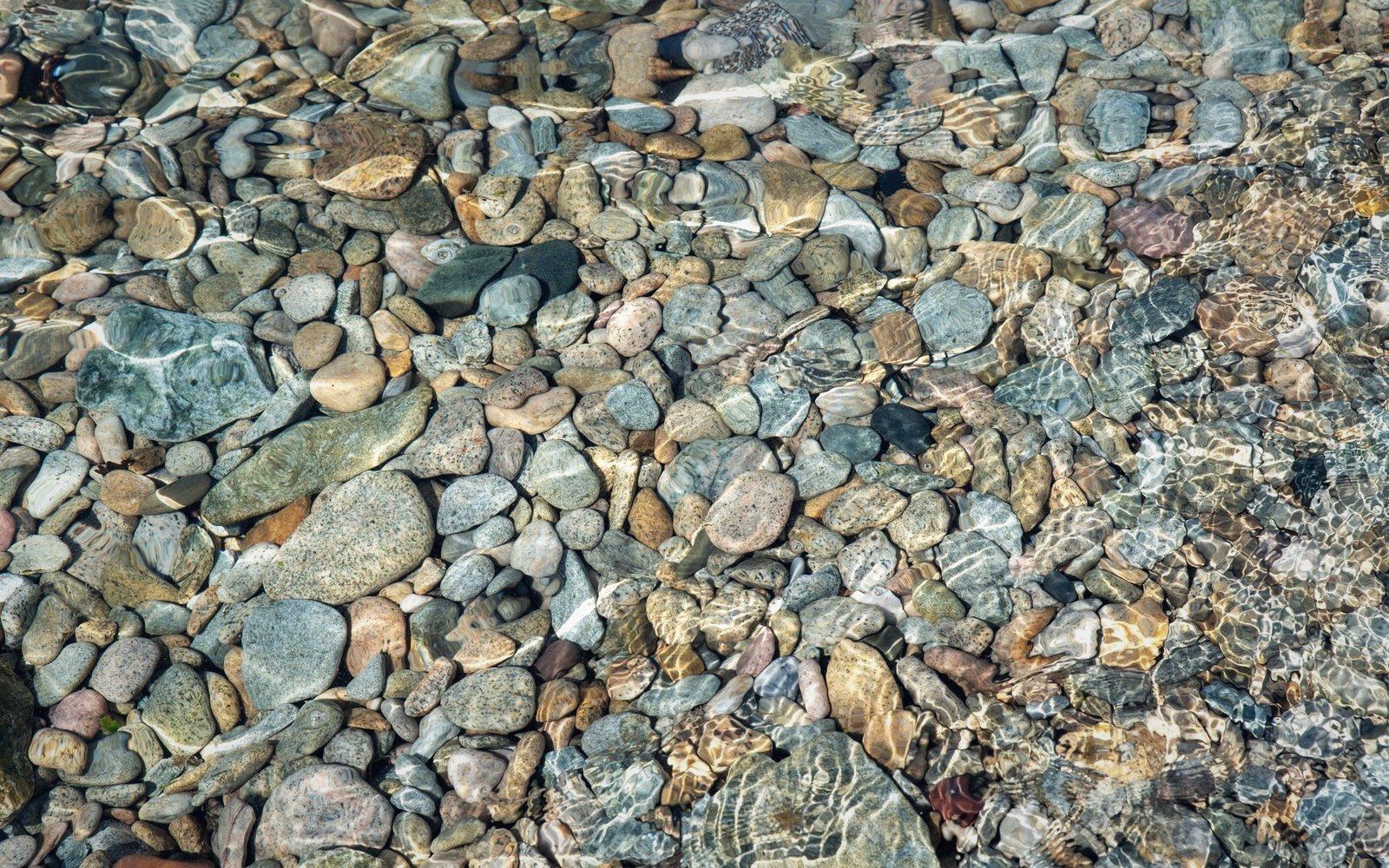 Sunlight ripples create rippled caustic patterns over smooth pebbles beneath clear shallow water