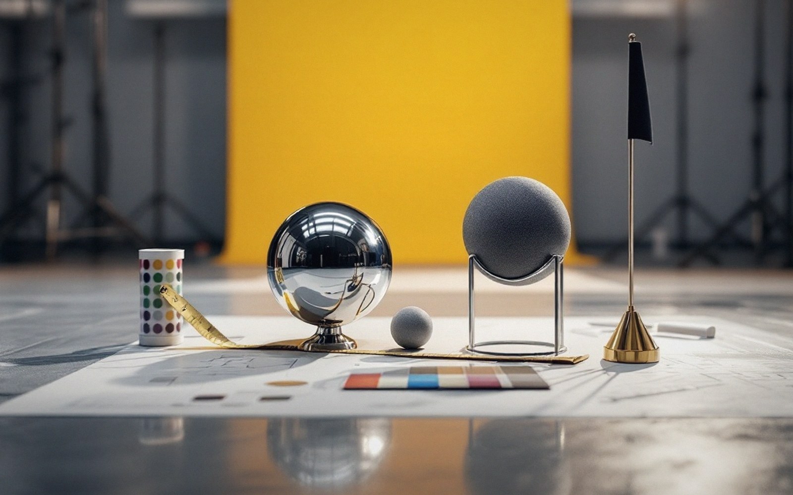 Studio setup with chrome and matte spheres, a color swatch card, and a small flag on a stand