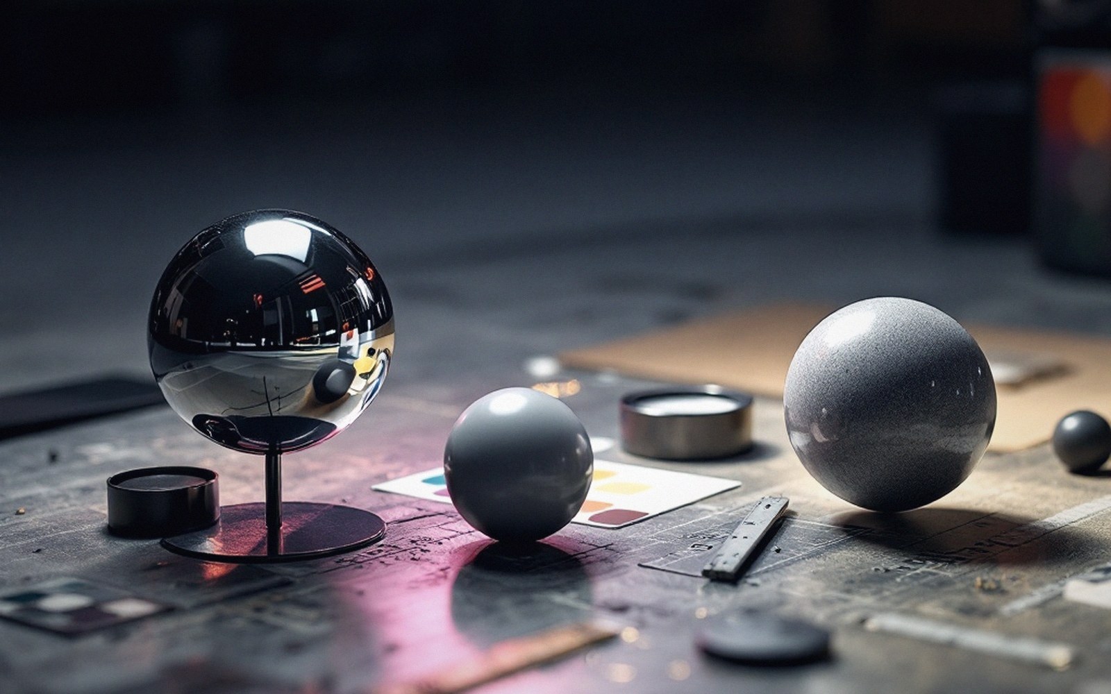 Chrome, matte, and textured spheres arranged on a workshop table with color swatches