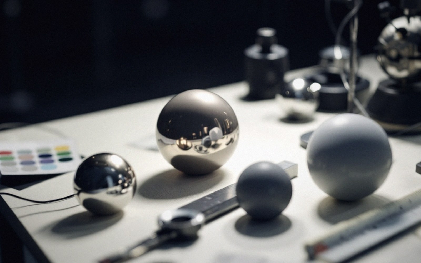 Reflective metal and matte gray spheres arranged on a table with measuring tools