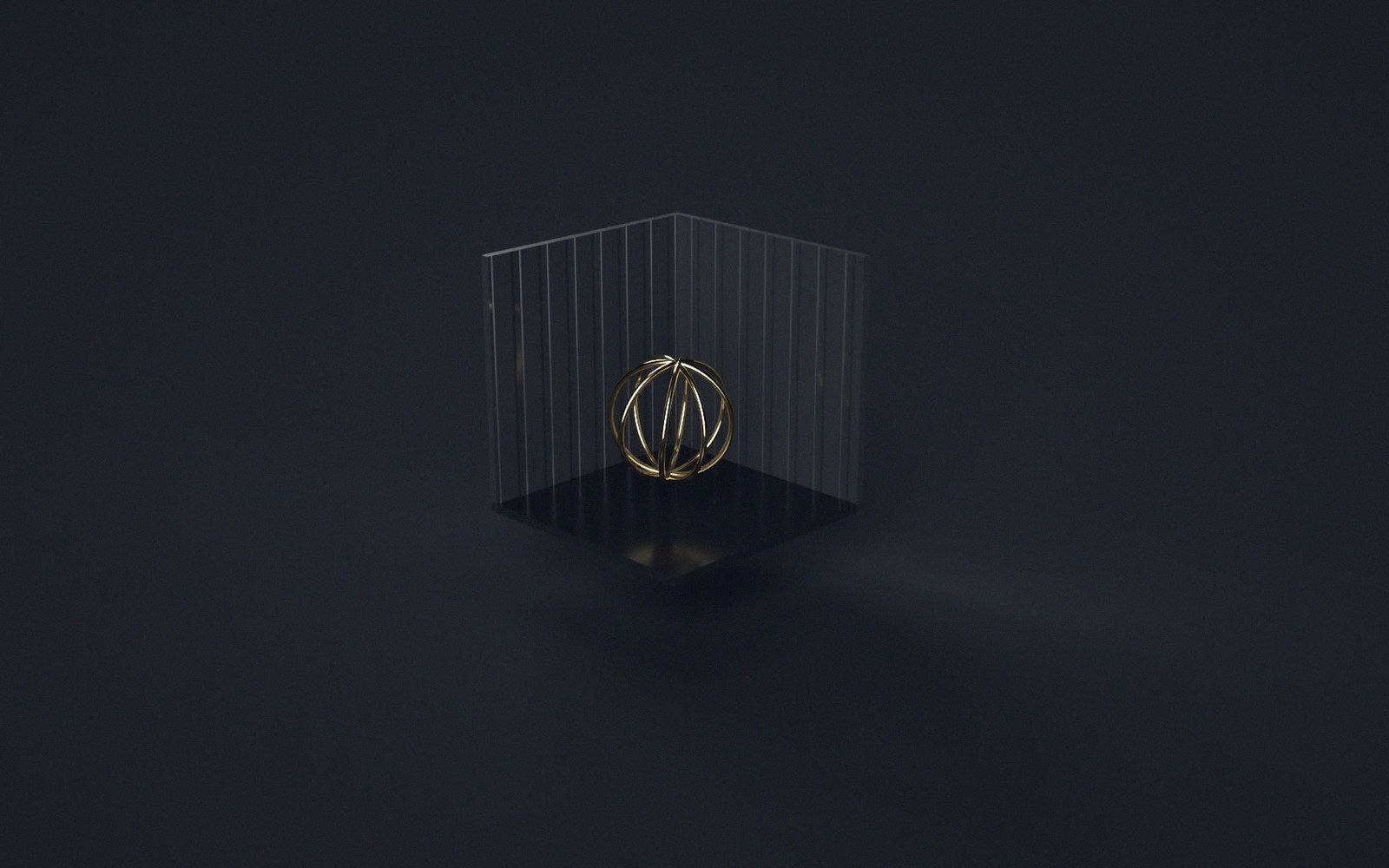 A gold wireframe sphere floats inside a striped glass cube on a dark background