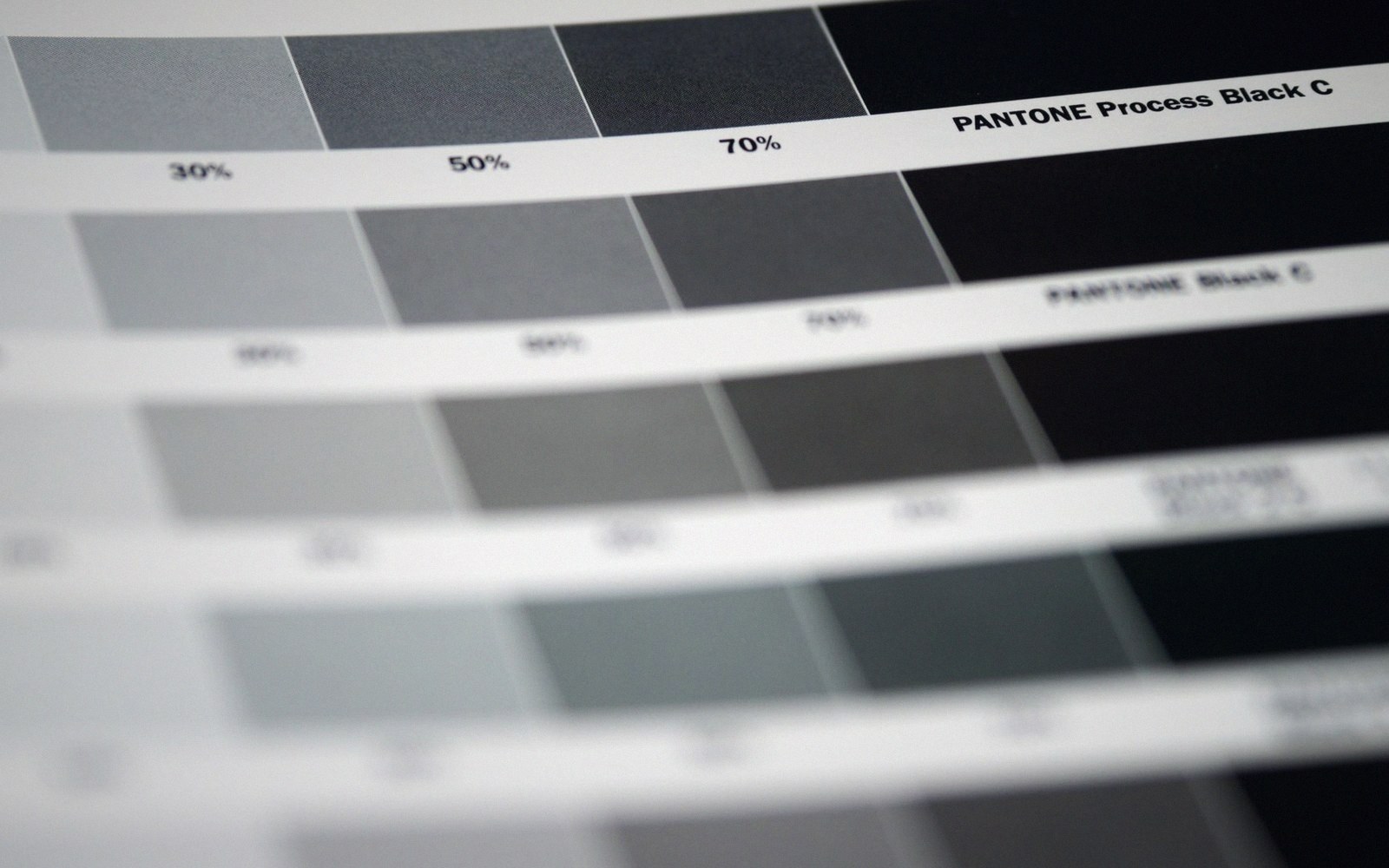 Pantone color swatch chart showing grayscale tints at 30%, 50%, and 70% black