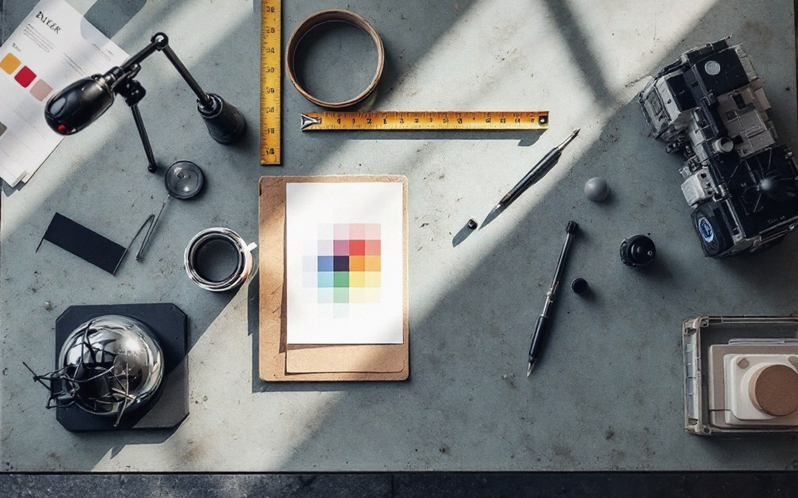 A color swatch card sits on a desk surrounded by rulers, pens, a bell, and camera parts