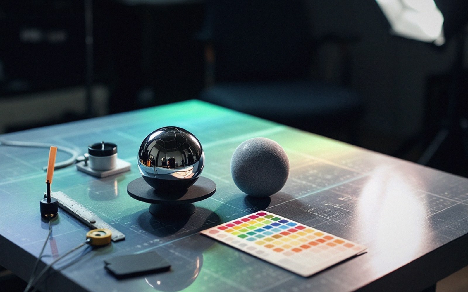 A chrome sphere and matte gray sphere sit beside a colour swatch card on a studio table