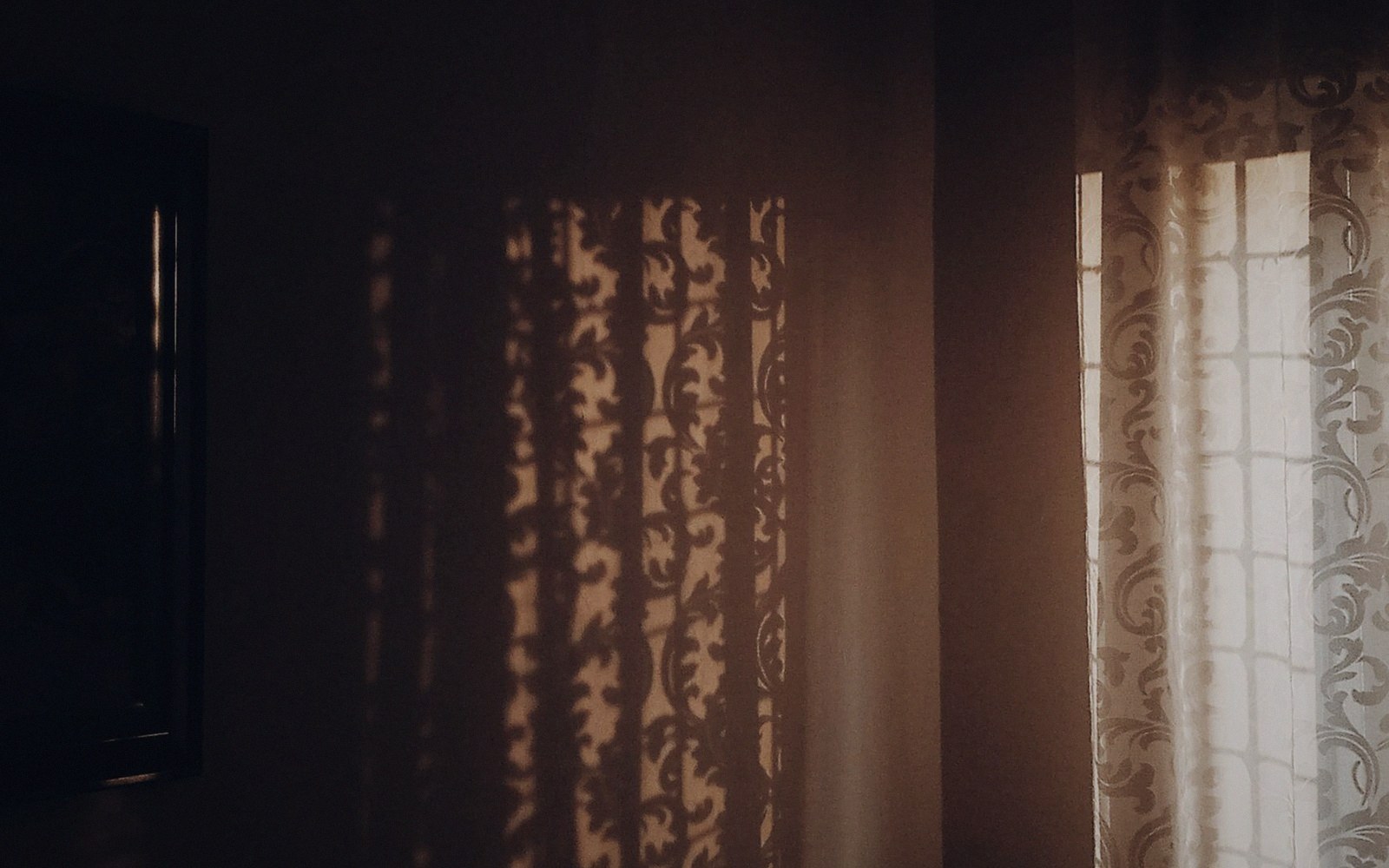 Sunlight filters through a lace curtain, casting patterned shadows across a dim wall