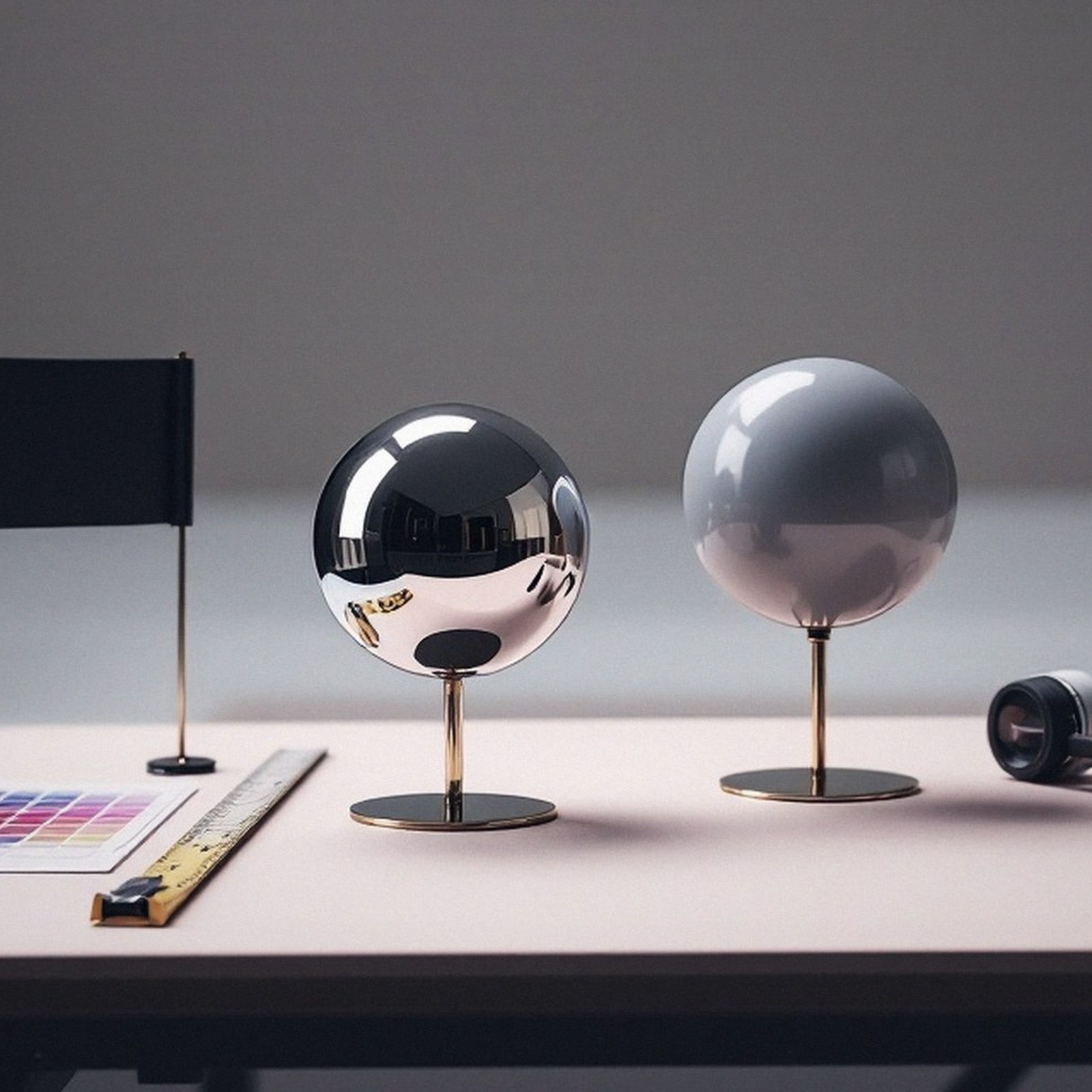 A chrome ball and a grey ball on a stand with a colour checker