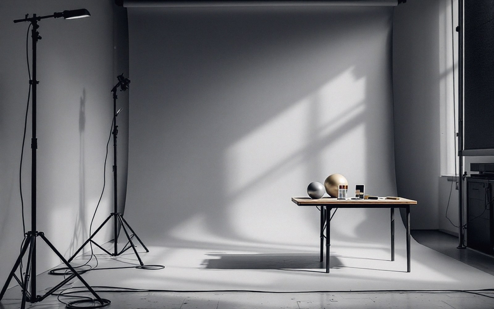 Photography studio with light stands, white backdrop, and a small table holding spheres and bottles