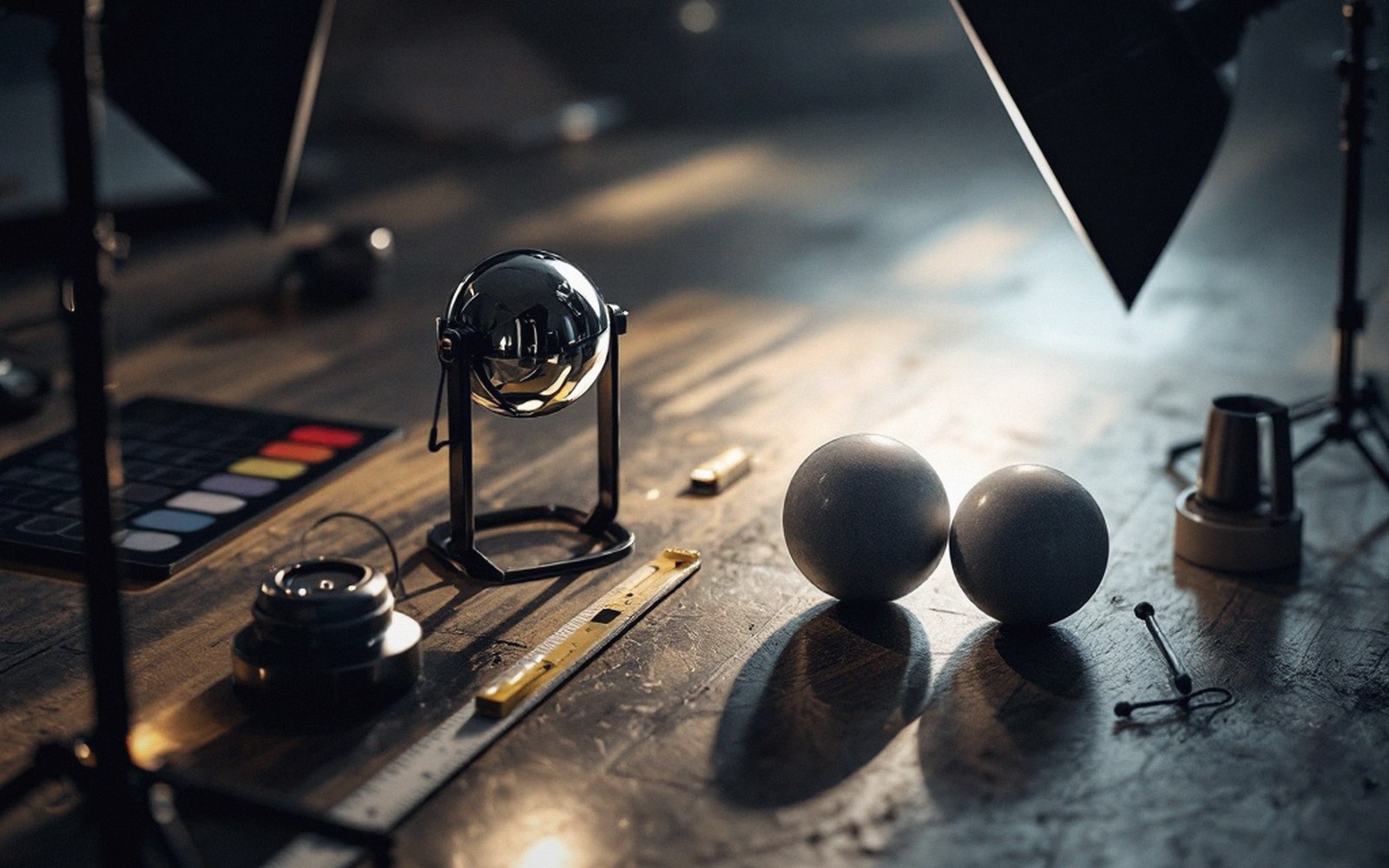A studio light head with a black flag cutting the beam